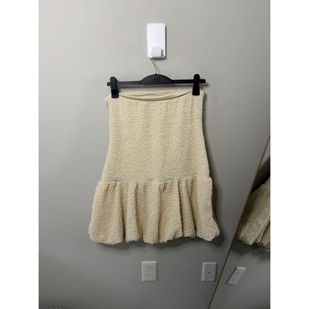 HM Cream Textured Strapless Dress Bubble Hem Mini Drop Waist Popcorn